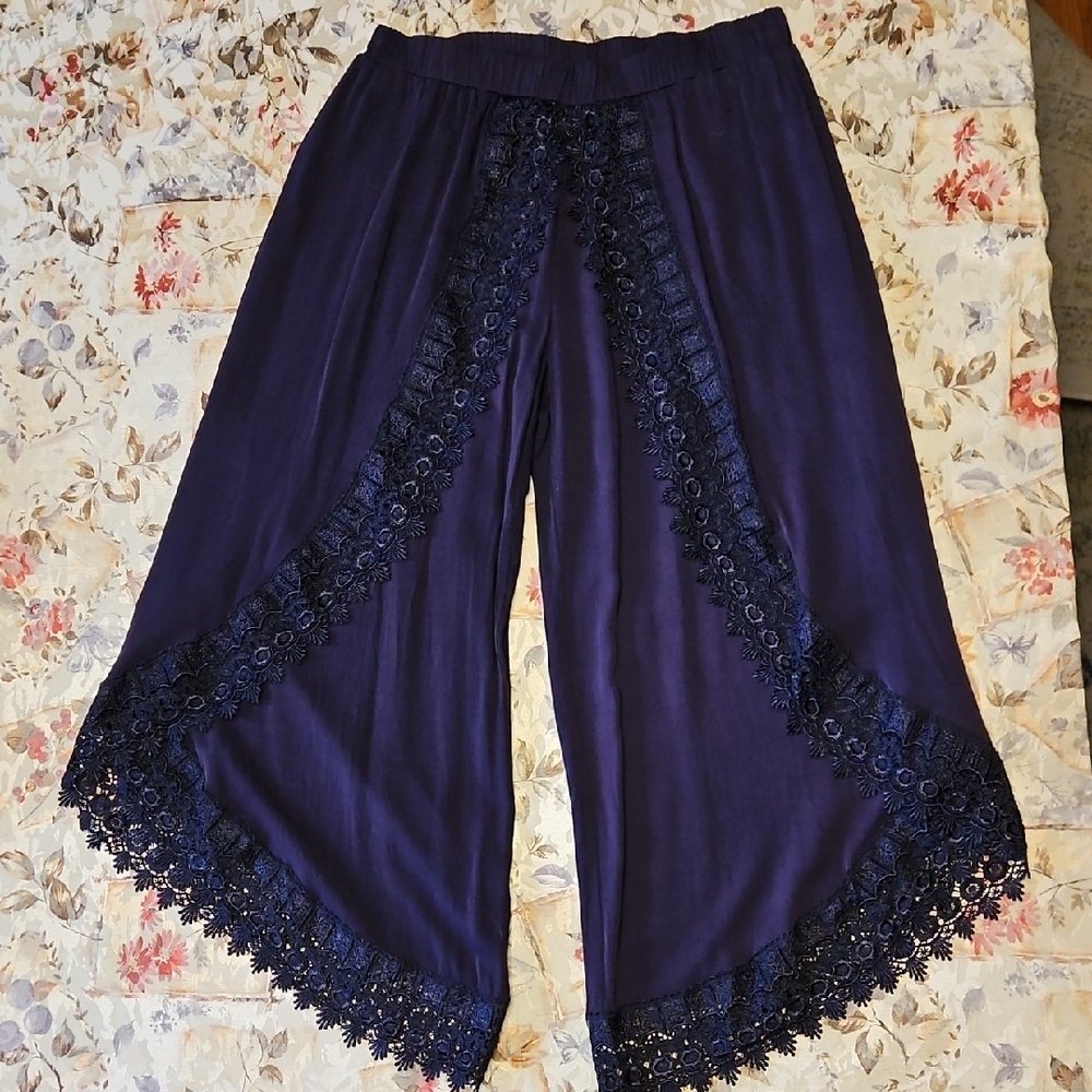 Chic Lace Trim Women's Wide Leg Pants